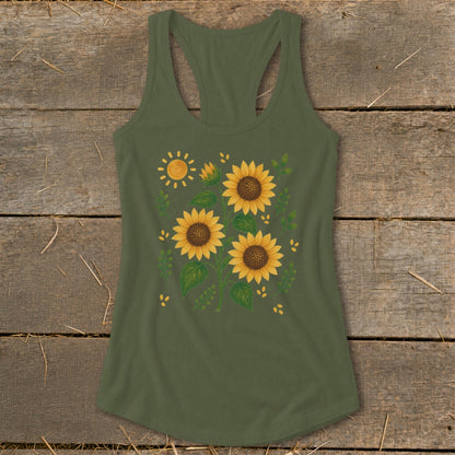 Olive green racerback tank top with a watercolor sunflower and sun design.