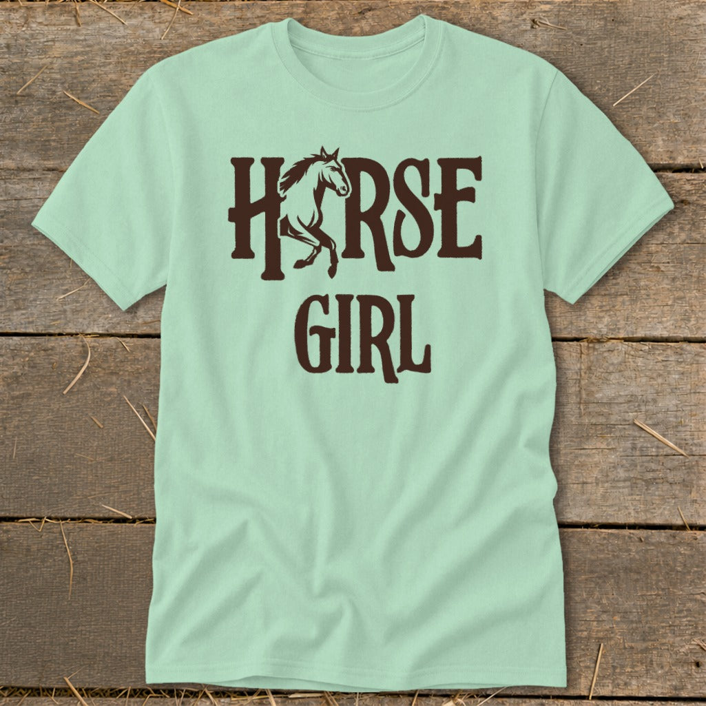 Light green t-shirt with brown "Horse Girl" text and silhouette of a horse.