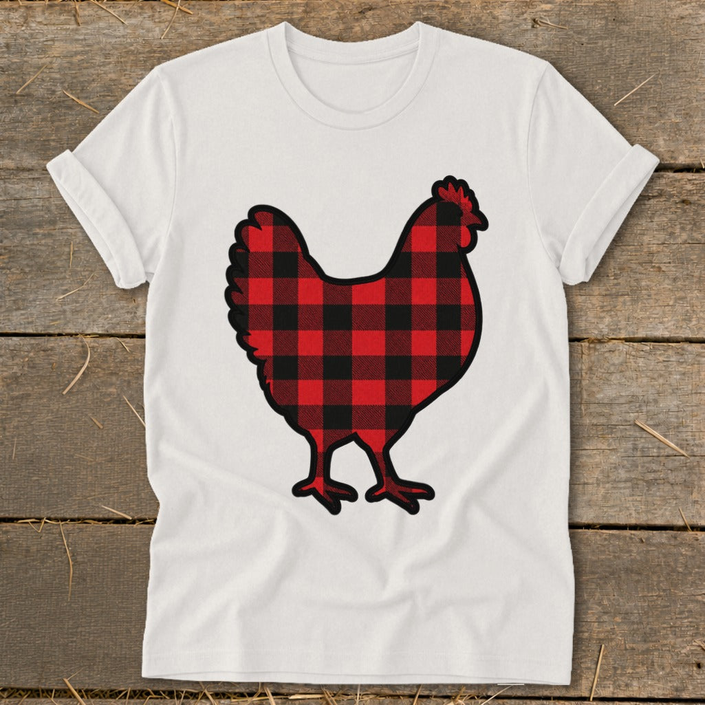 White t-shirt with a black-and-red buffalo plaid chicken graphic.