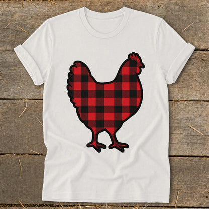 White t-shirt with a black-and-red buffalo plaid chicken graphic.