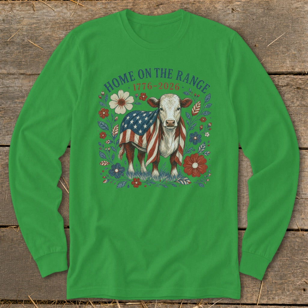 Cow with American flag, "Home on the Range 1776-2026" text, surrounded by flowers.