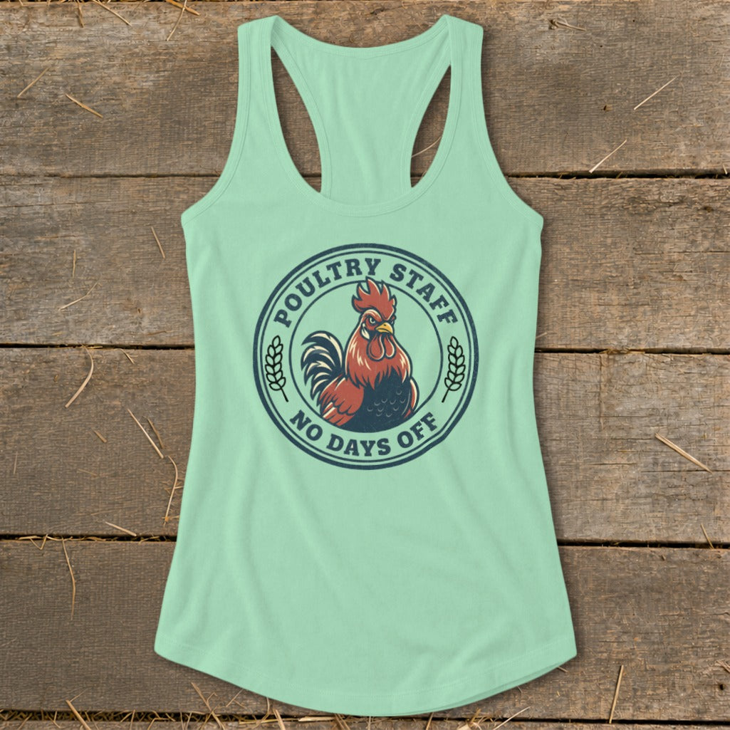 Mint green tank top with a circular graphic featuring a rooster and text.