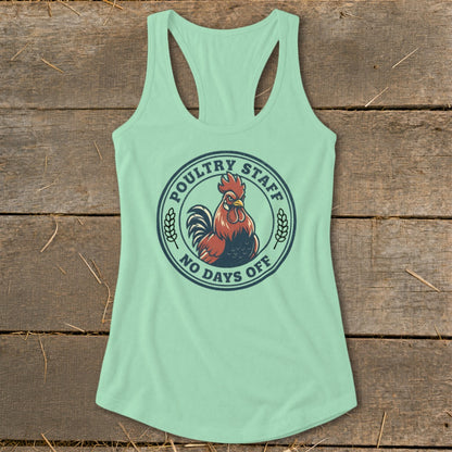 Mint green tank top with a circular graphic featuring a rooster and text.