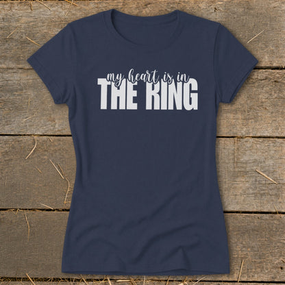 Navy t-shirt with "my heart is in THE RING" graphic text.