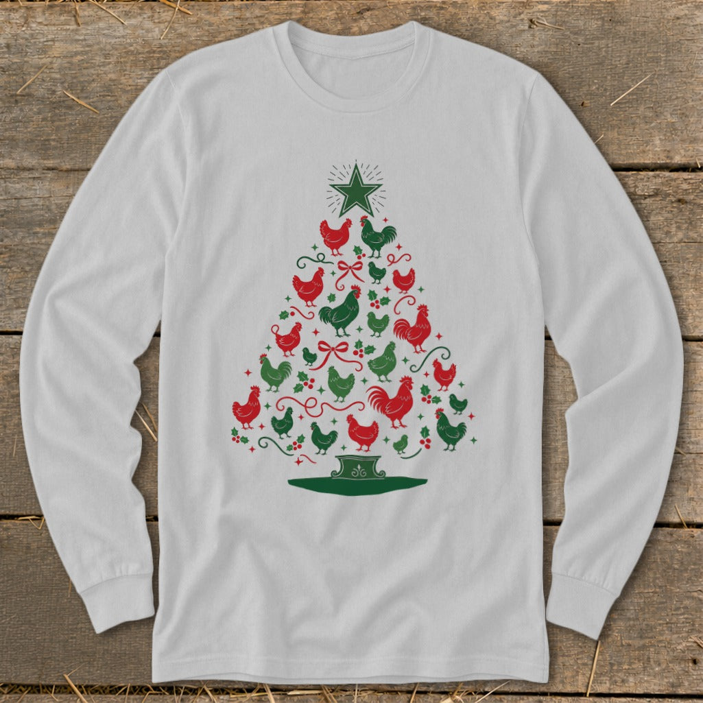 White long-sleeved shirt with a Christmas tree made of red and green chickens.