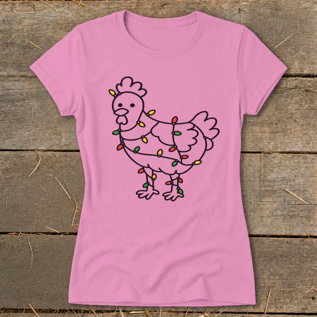 Pink t-shirt with a cartoon chicken wrapped in colorful Christmas lights.