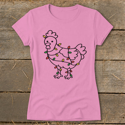 Pink t-shirt with a cartoon chicken wrapped in colorful Christmas lights.