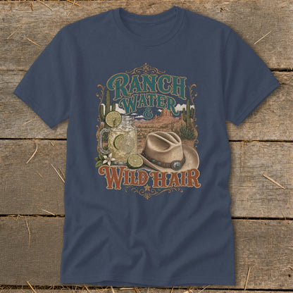 T-shirt graphic: "Ranch Water & Wild Hair" with a hat, drink, and desert scene.