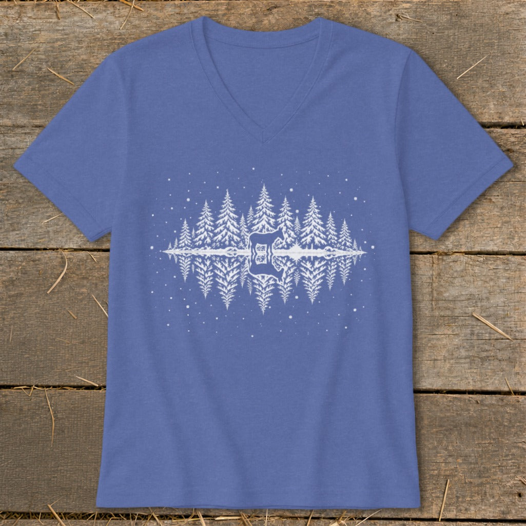 Blue v-neck t-shirt with white graphic of mirrored pine trees and a horse in the center.
