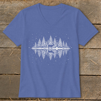 Blue v-neck t-shirt with white graphic of mirrored pine trees and a horse in the center.