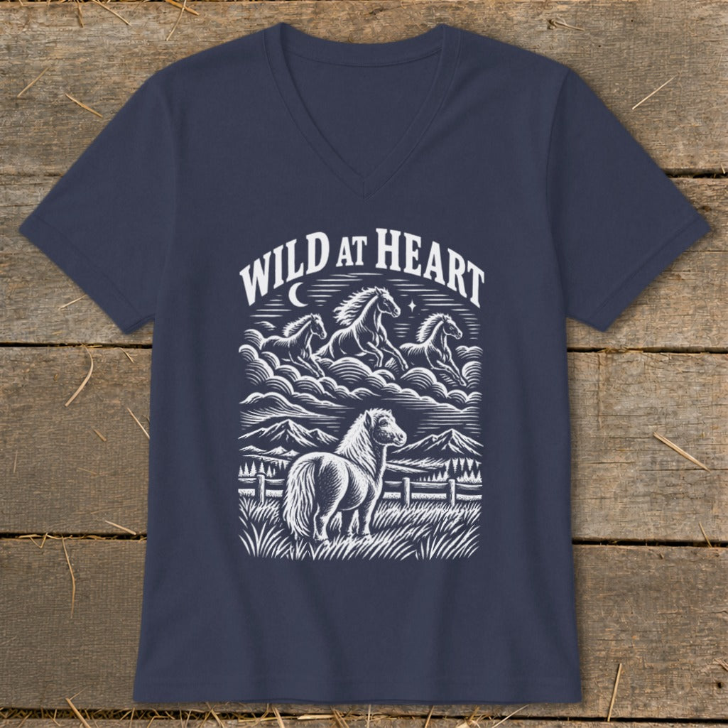 Navy v-neck t-shirt with "WILD AT HEART" text and horse illustrations.
