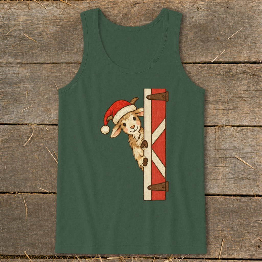 Christmas goat peeking around a red barn door on a dark green tank top.