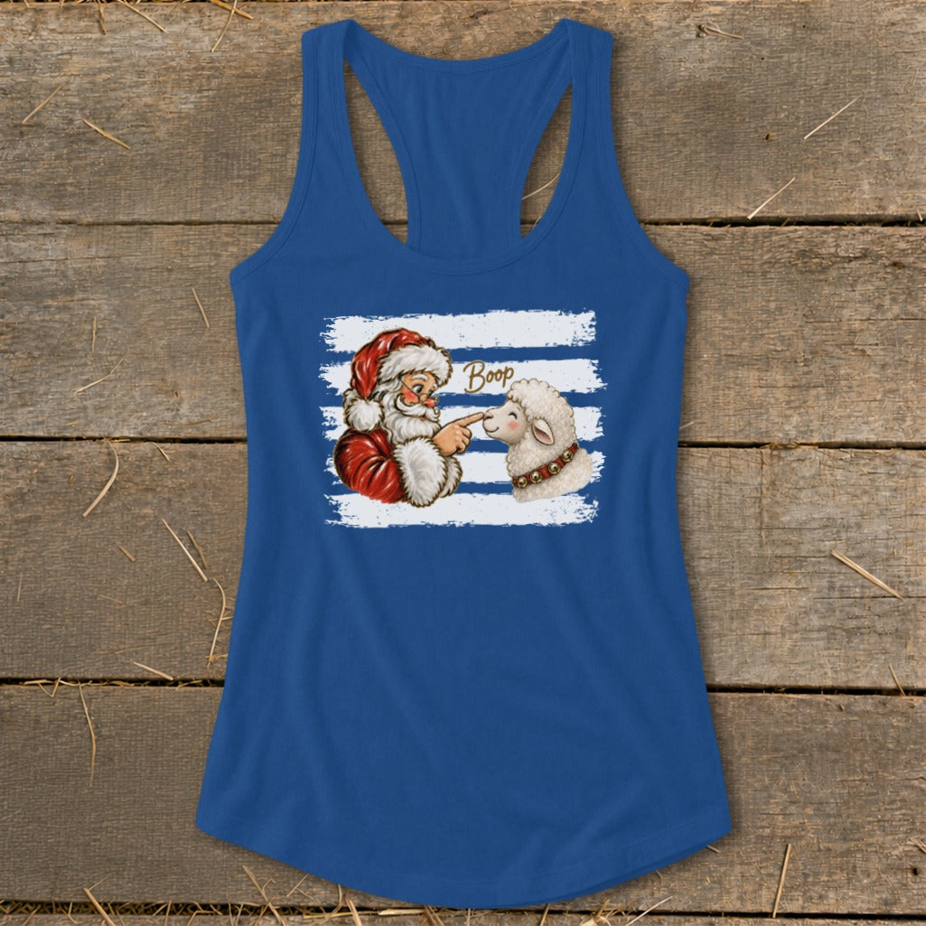 Santa boops a sheep with the text "Boop" on a blue tank top.