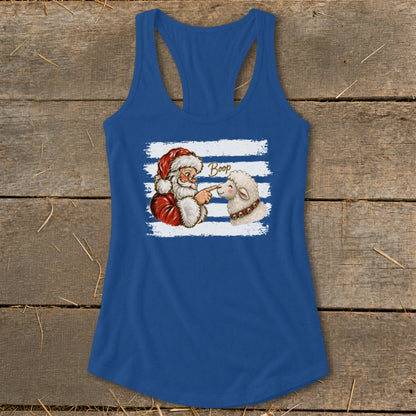 Santa boops a sheep with the text "Boop" on a blue tank top.