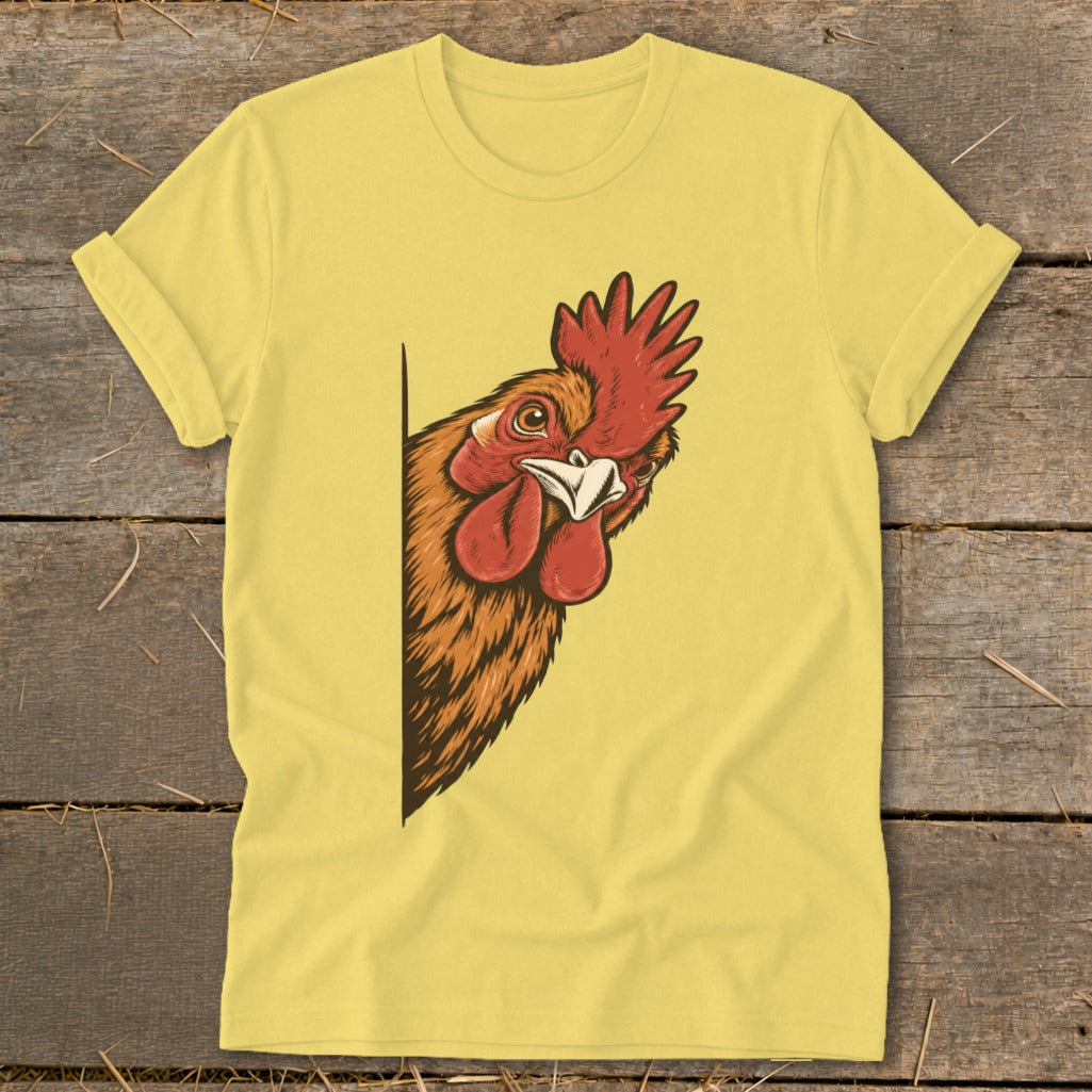Yellow t-shirt with a cartoon rooster peeking from the side.