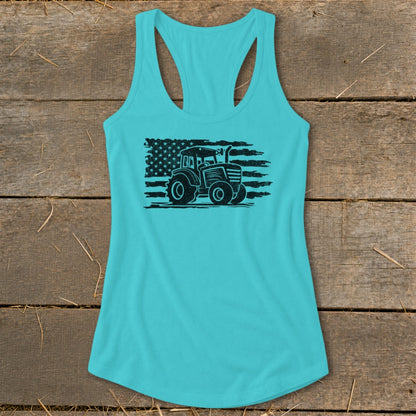 Teal tank top with black distressed tractor and American flag graphic.