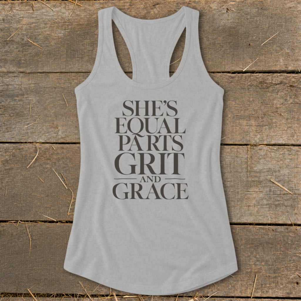 Light gray tank top with "She's Equal Parts Grit and Grace" text design.