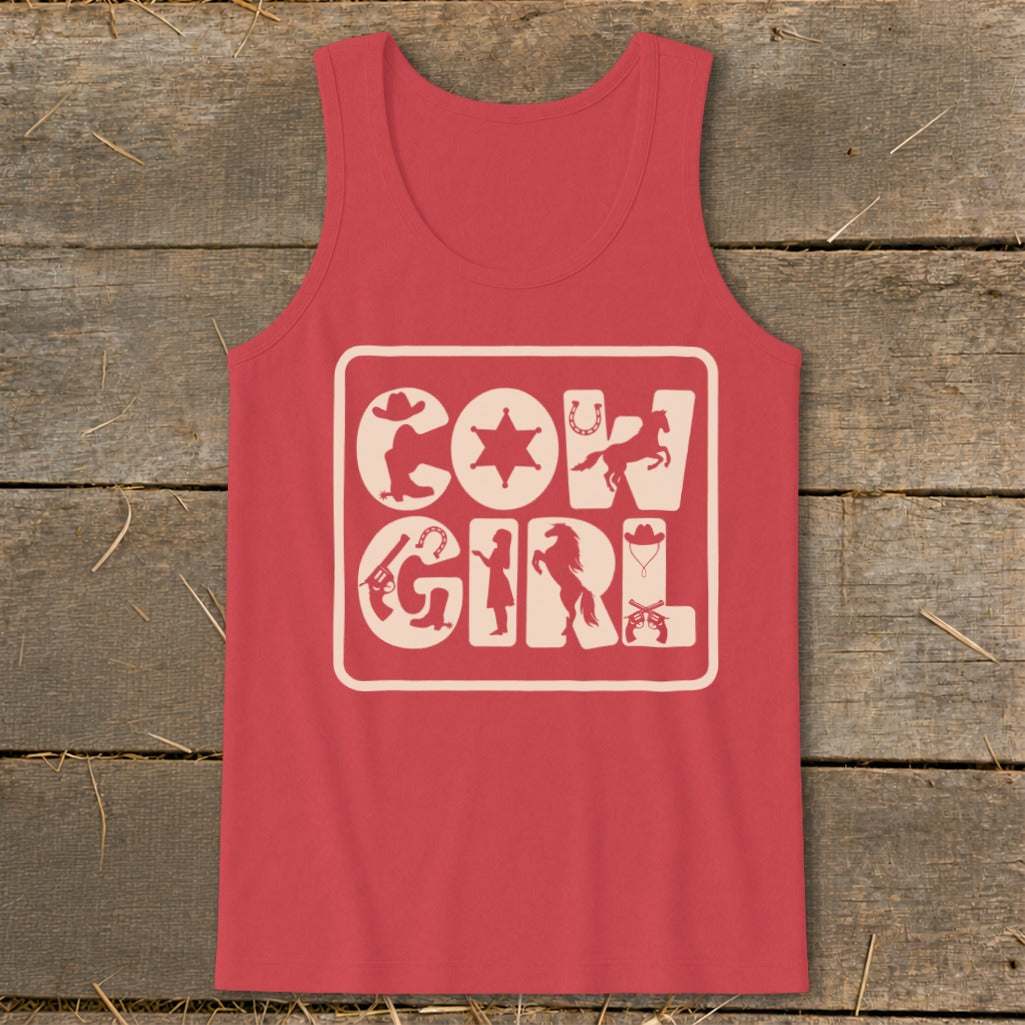 Red tank top with "COW GIRL" text and western-themed silhouette graphics.