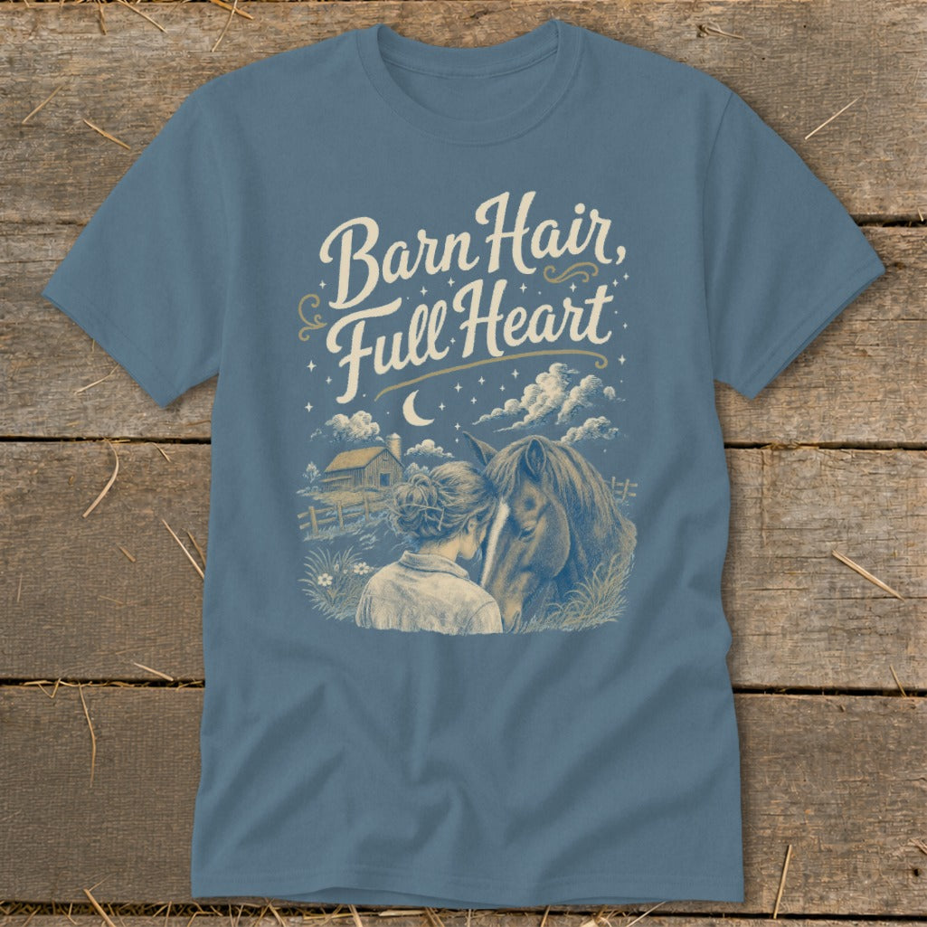 "Barn Hair, Full Heart" text above a woman hugging a horse at a barn.
