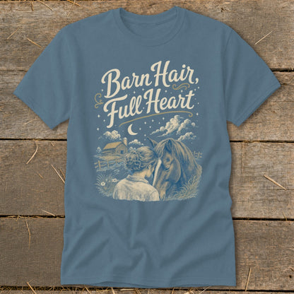 "Barn Hair, Full Heart" text above a woman hugging a horse at a barn.