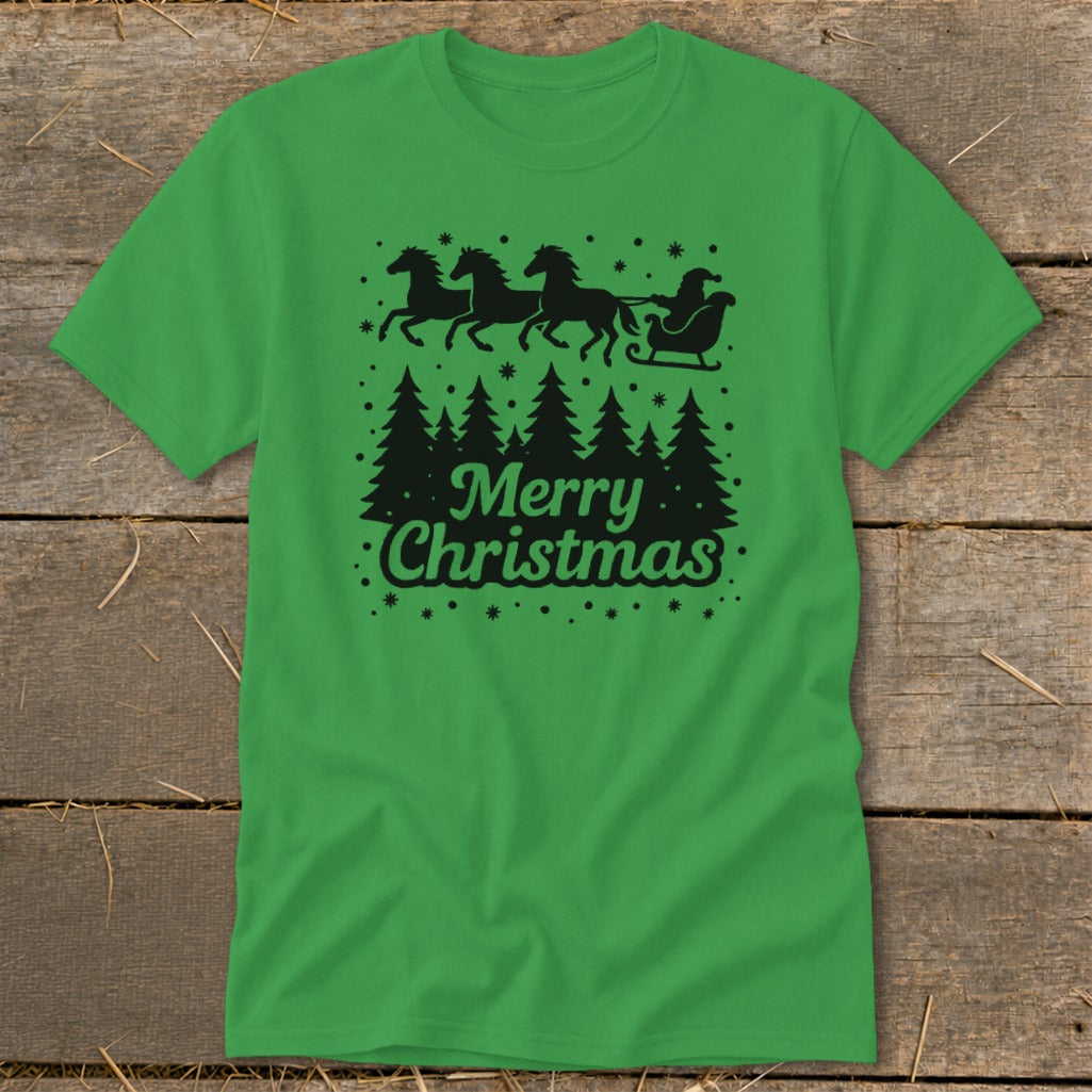Green t-shirt with black Christmas design: Santa's sleigh pulled by horses over trees, "Merry Christmas" text.