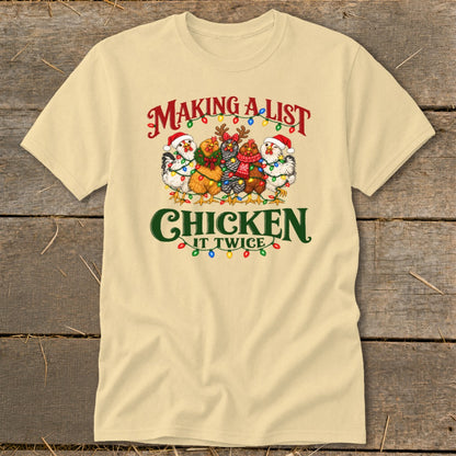 T-shirt with chickens wearing Santa hats and scarves, with Christmas lights.