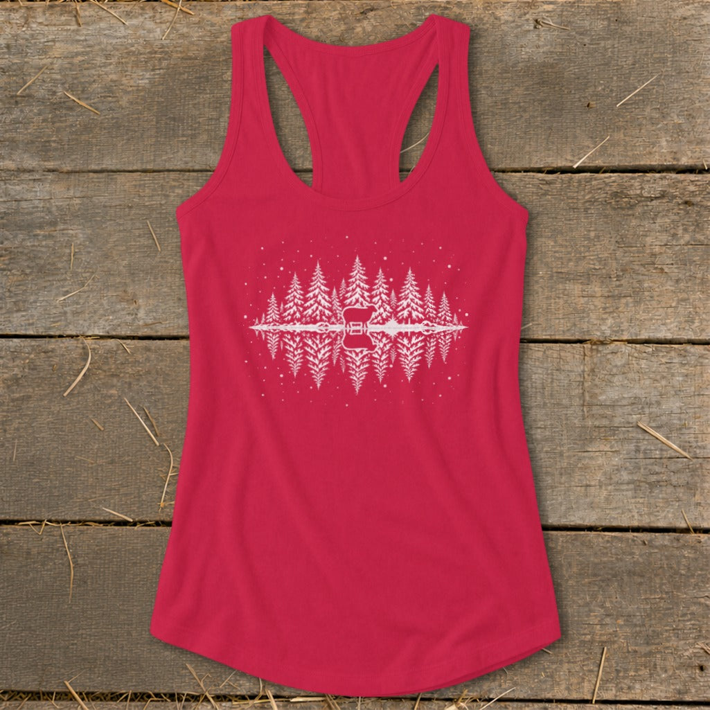 Red tank top with white abstract forest and deer reflection design.