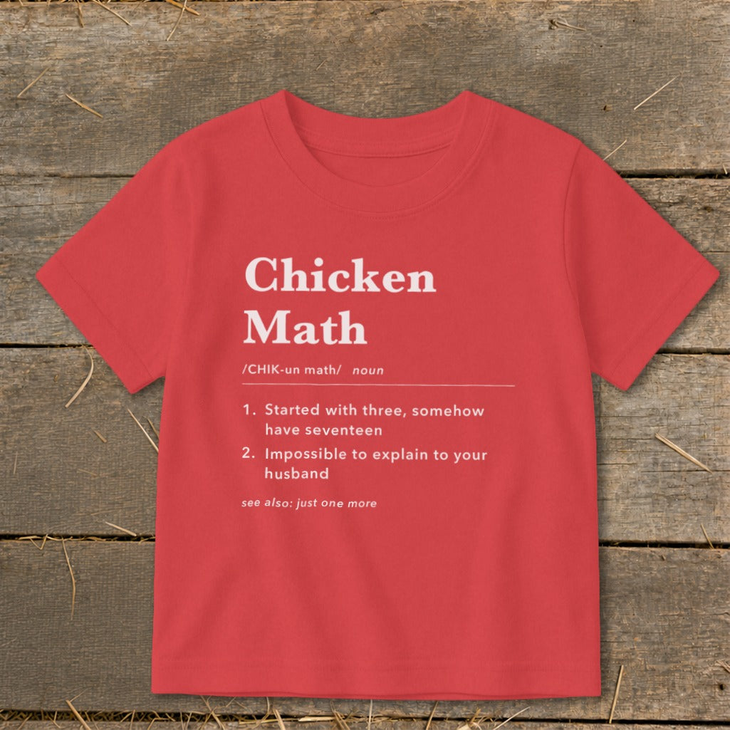 Red t-shirt with "Chicken Math" definition and humorous text.