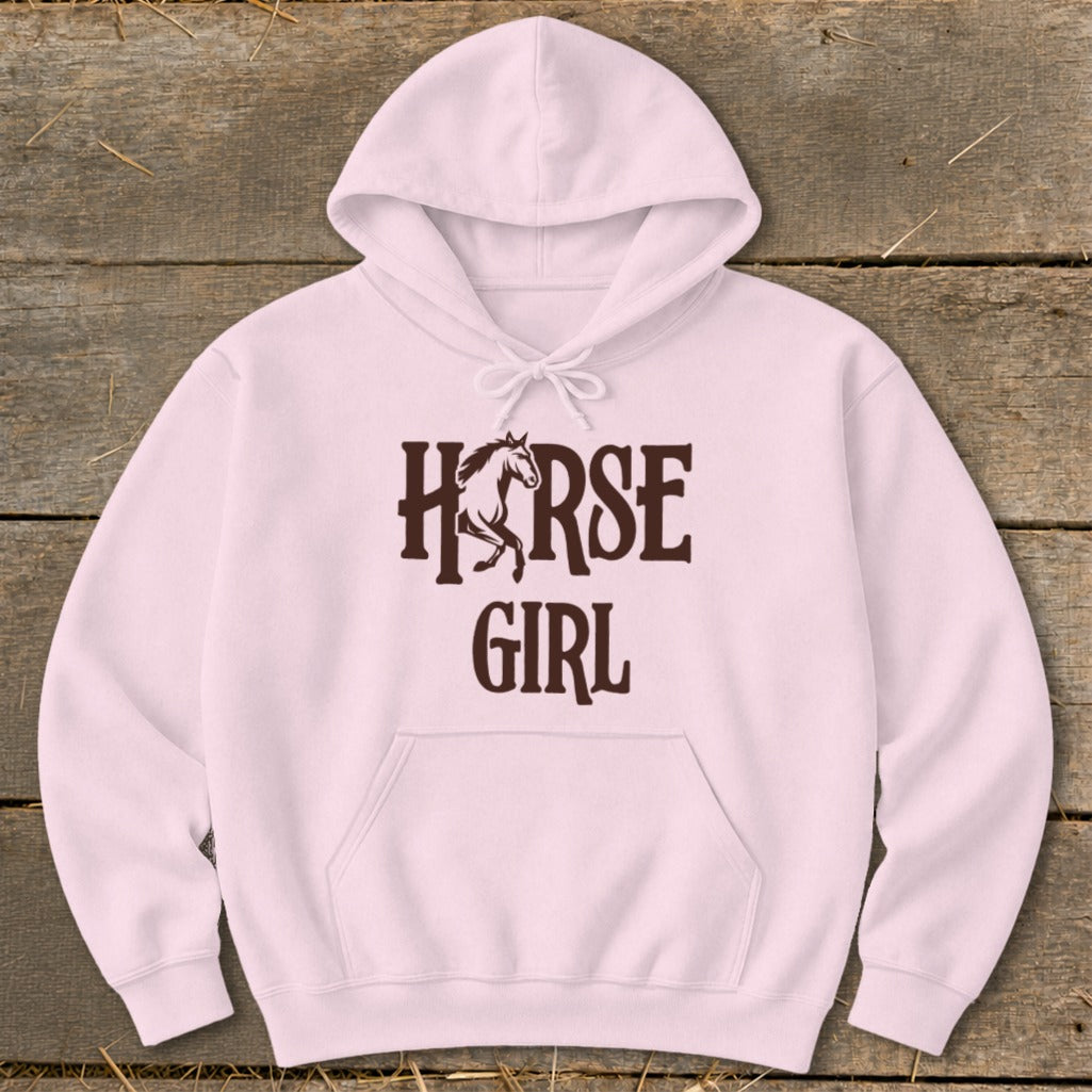 Light pink hoodie with "HORSE GIRL" text and horse graphic.
