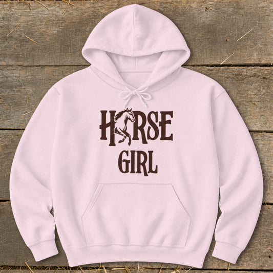 Light pink hoodie with "HORSE GIRL" text and horse graphic.