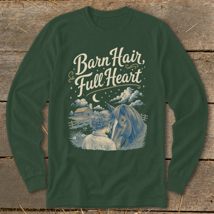 Green long-sleeve shirt with "Barn Hair, Full Heart" text and horse illustration.