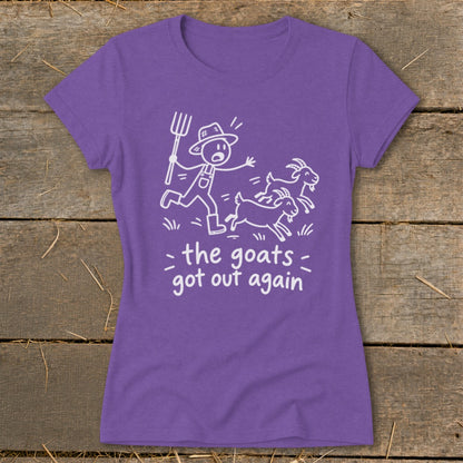 Purple t-shirt with white drawing of farmer chasing goats and text: the goats got out again.