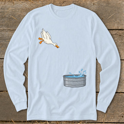 Cartoon of a white duck flying towards a galvanized metal tub of water.