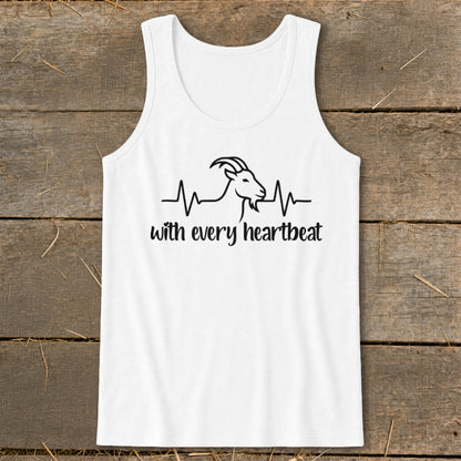White tank top with a black goat silhouette integrated into a heartbeat line and text.