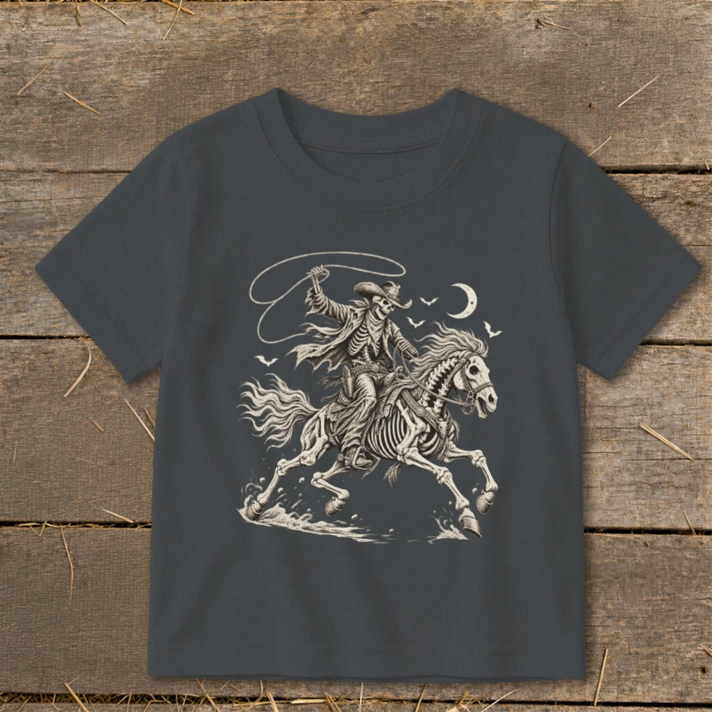 Skeleton cowboy on a horse with a lasso under a crescent moon.
