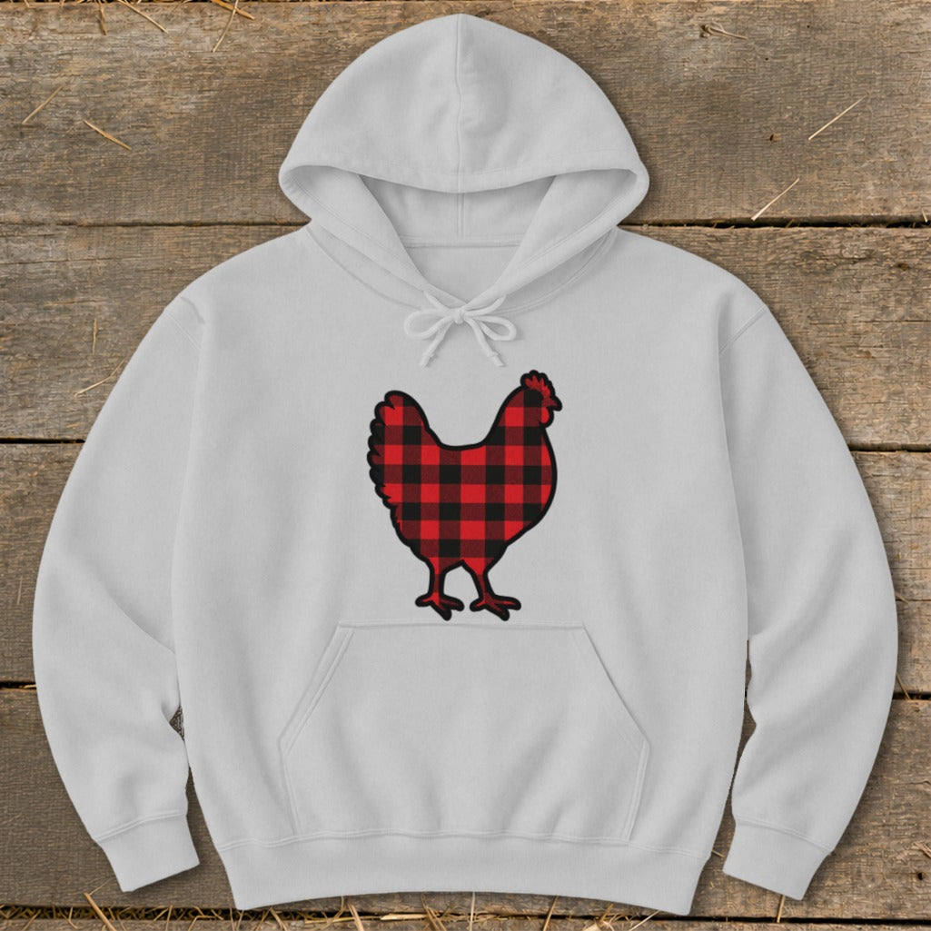 White hoodie with a red and black buffalo plaid chicken graphic.