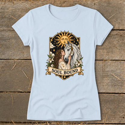 Illustration of a woman kissing a white horse under a sun, with text "SOUL BOUND".