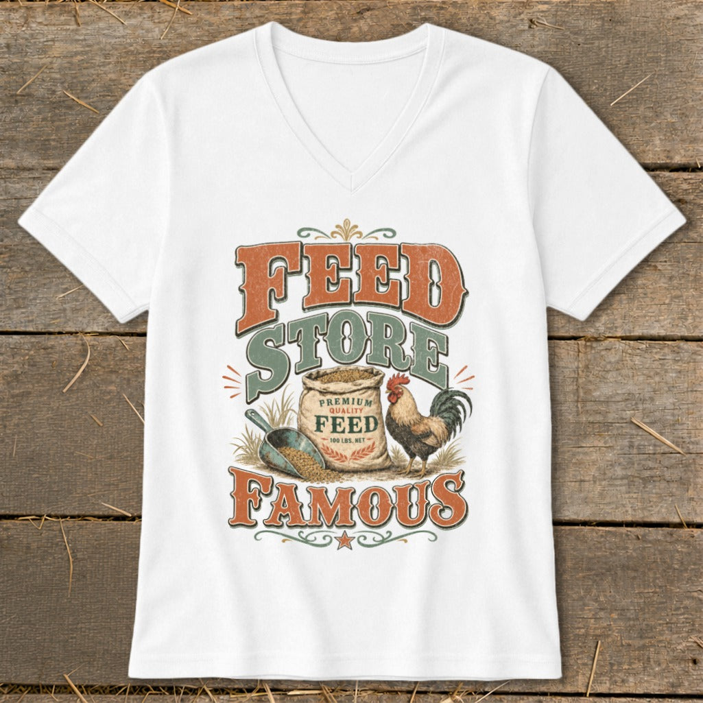 White t-shirt with graphic: "Feed Store Famous" text, bag of feed, scoop, and rooster.