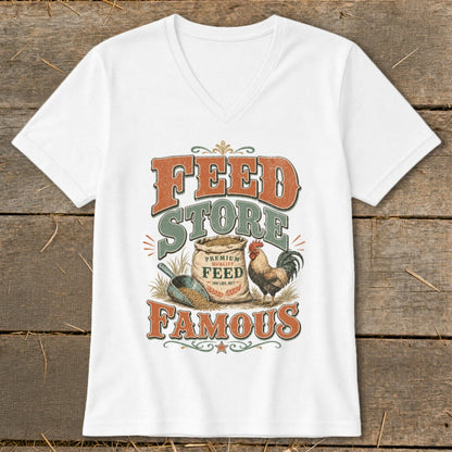 White t-shirt with graphic: "Feed Store Famous" text, bag of feed, scoop, and rooster.