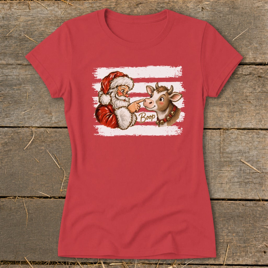 Santa booping a cow with "Boop" text on a red t-shirt.