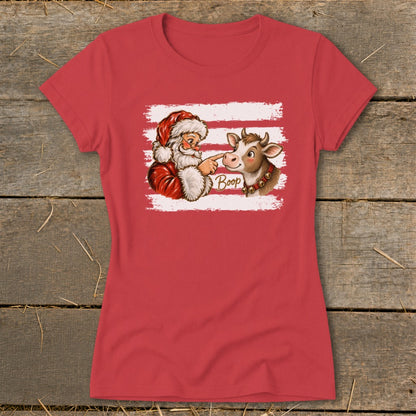 Santa booping a cow with "Boop" text on a red t-shirt.