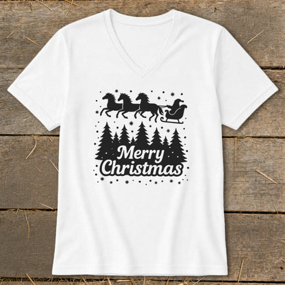White v-neck t-shirt with black "Merry Christmas" text and Santa's sleigh with reindeer.