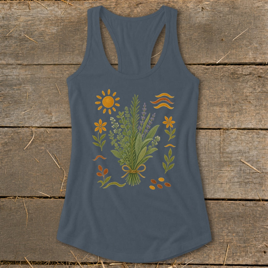 Gray tank top with a bouquet of herbs, flowers, sun, and wavy lines design.