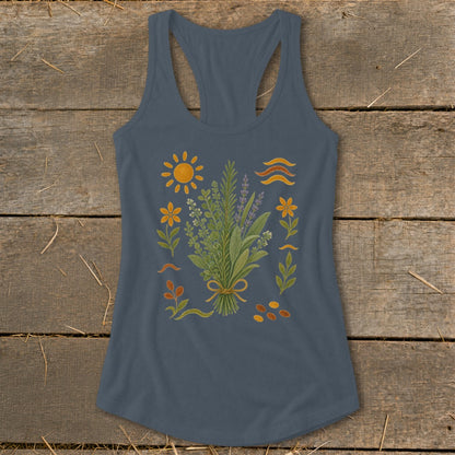 Gray tank top with a bouquet of herbs, flowers, sun, and wavy lines design.