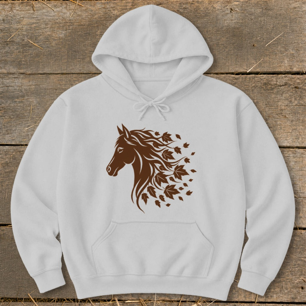 White hoodie with brown horse head graphic composed of swirling leaves.