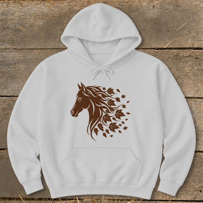 White hoodie with brown horse head graphic composed of swirling leaves.