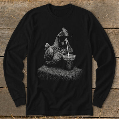 Black long sleeve shirt with a detailed print of a chicken drinking from a cup with a straw.