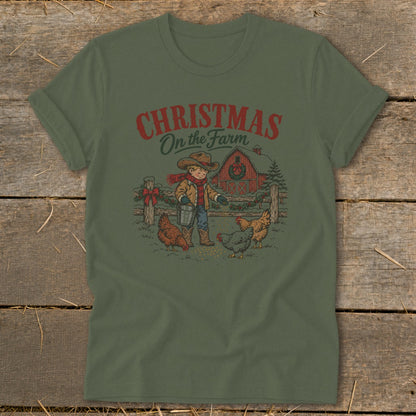 Christmas on the Farm graphic with child feeding chickens near barn.