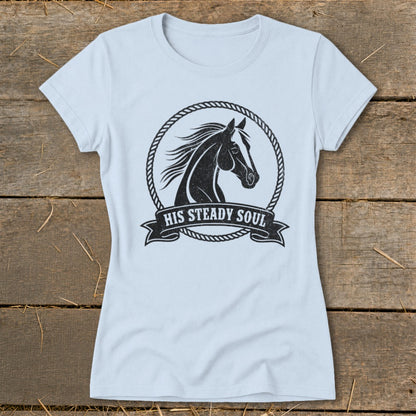 Light blue t-shirt with black horse graphic inside a rope circle, reading "HIS STEADY SOUL".