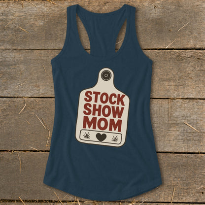 Navy tank top with "Stock Show Mom" text and heart on a tag graphic.